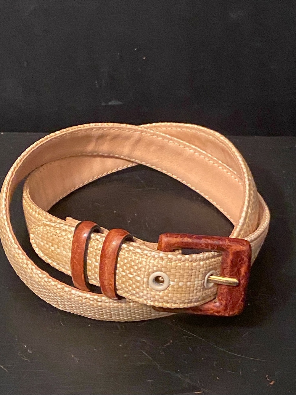 Mark Shale Natural Woven Belt w/ Brown Leather Accent Trim М VTG made in Taiwan